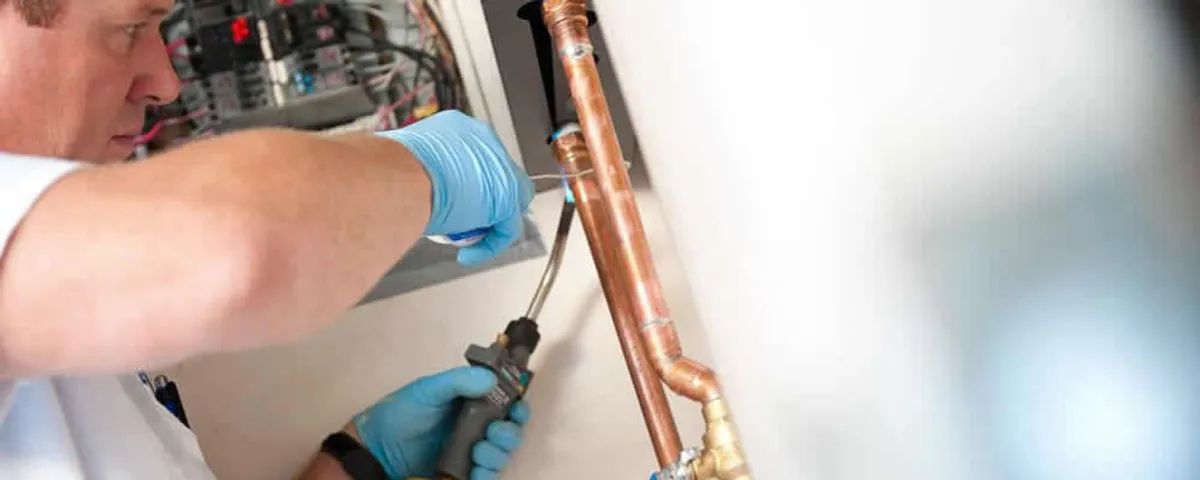 Water heater repair technician testing copper pipe connections and controls in Troy, MI